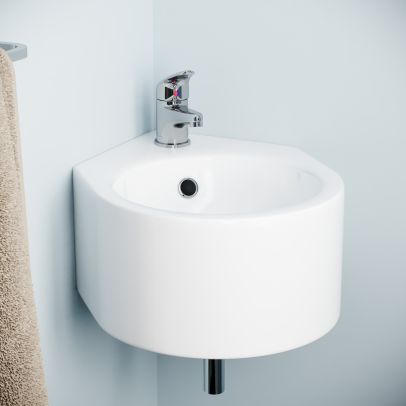 300 x 435mm Bathroom Wall Hung Cloakroom Ceramic Compact Corner Basin Sink