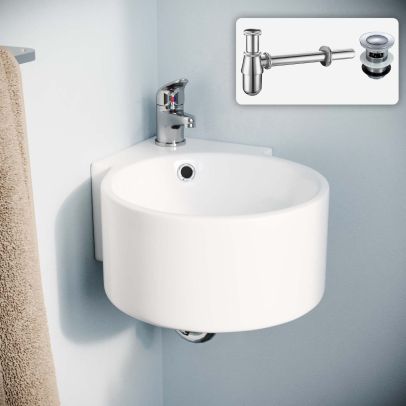 Palmer 300 x 435mm Bathroom Wall Hung Ceramic Corner Basin Sink Bottle Trap And Waste