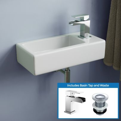 Alvey 360mm Bathroom Wall Hung Cloakroom Right Basin Waterfall Mono Tap Waste