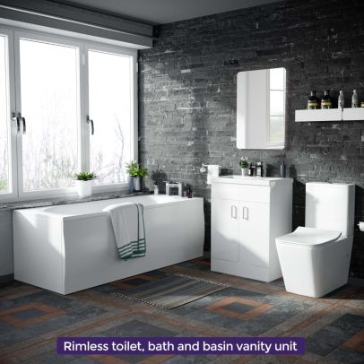 Nanuya 3-Piece Suite 1700 Bathtub, 600 White Basin Vanity & Close Coupled Toilet