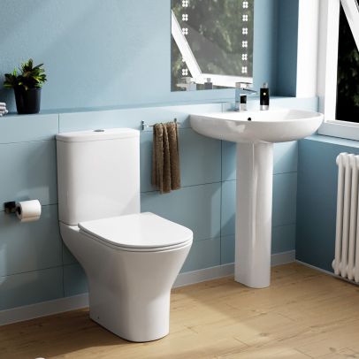 Theo Round Rimless Close Coupled Toilet & 570mm Full Pedestal Basin White