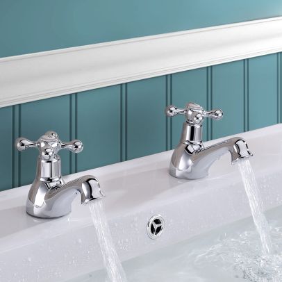 Trafford Cross Head Basin Hot & Cold Tap Pair & Square Waste Chrome