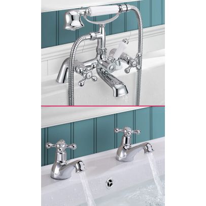 Stratford Traditional Victorian Set of Hot & Cold Basin Taps And Bath Shower Mixer Tap With Handheld Kit