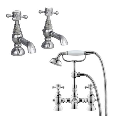 Churchill Traditional Set of Twin Basin Cross Head Taps & Bath Shower Mixer Tap with Handheld Kit