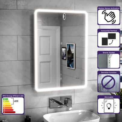 LED 500mm x 700mm LED IP44 Round Corner Bathroom Motion Sensor Mirror