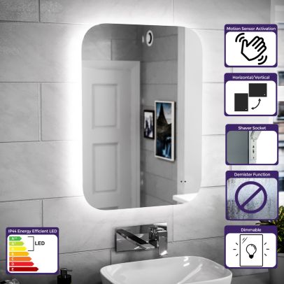 LED 500mm x 700mm Modern Round Corner Bathroom Motion Sensor Mirror