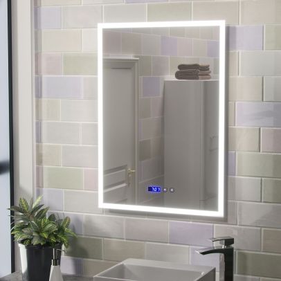 Aiden Large Illuminated LED Bathroom Mirror with Digital Clock and Anti-Fog