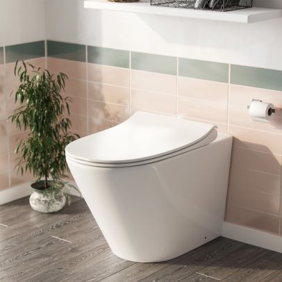 Modern Rimless Back To Wall Toilet Pan WC and Soft Close Seat White