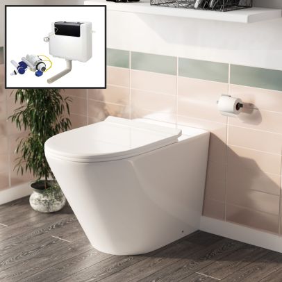 Elliss Round Back to Wall Rimless Toilet Pan With Soft Close Seat + WRAS Approved Concealed Cistern