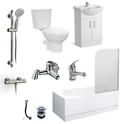 Senore 1700mm Bath, Flat Pack Basin Vainty , Close Coupled Toilet, Shower Slider Raill Kit, Bath and Mono Mixer & Wastes White 