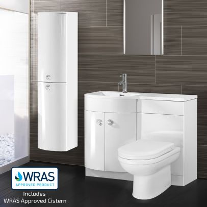 Dene LH 1100mm Vanity Basin Unit White, Welbourne Back to Wall Toilet & Wall Hung Cabinet White 