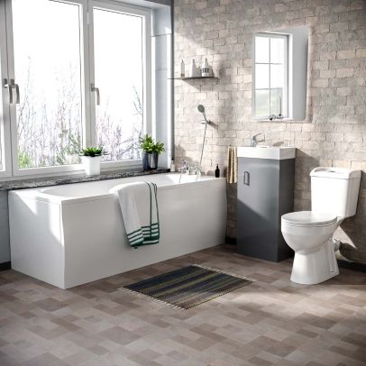 Senore Straight Bath, 400mm Vanity Basin Unit, Close Coupled Toilet, Taps & Waste Suite 