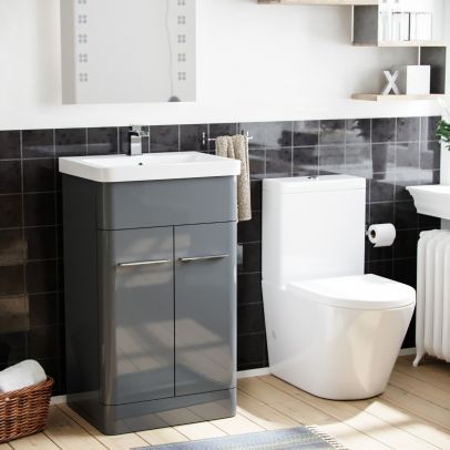 Lex 500mm Vanity Basin Unit & Rimless Close Coupled Toilet Grey 