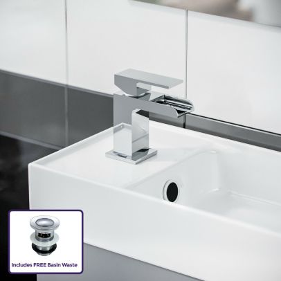 Nanuya 400mm Light Grey Cloakroom Vanity Basin Unit, Waterfall Mono Mixer Tap & Waste 