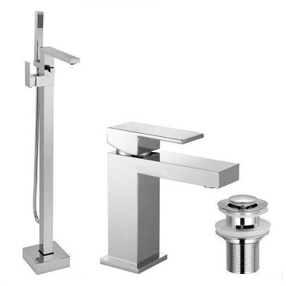 Eoro Square Freestanding Shower Mixer, Basin Sink Mixer Tap & Waste Chrome