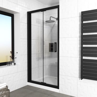 Kim 1000 Matte Black Walk In Bi Folding Shower Tempered Glass Door Screen Panel 