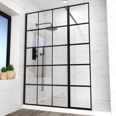 Samotha 6mm Tempered Glass Screen Flipper Return Panel Black Grid for Walk-in Shower Enclosure