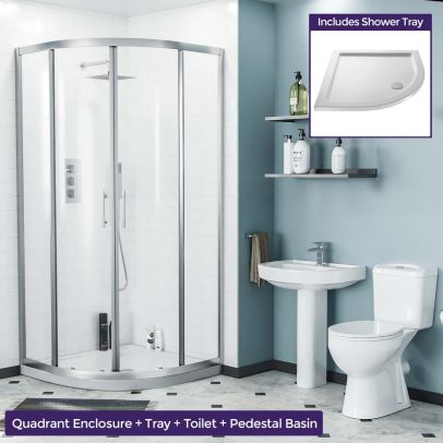 Lindley 900mm Quadrant Shower Enclosure, Toilet & Pedestal Basin Suite