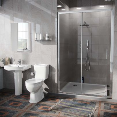 Illinois 3-Piece Shower Enclosure Suite - Eco-Toilet + Pedestal Basin + 1100mm Slider Door