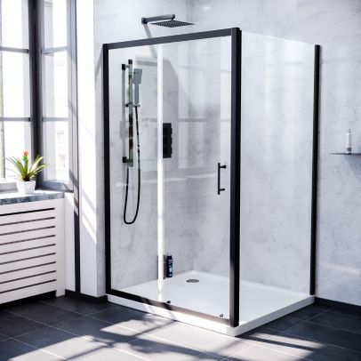 Keni 1000mm Shower Sliding Door & 700mm Frameless Glass Side Panel Screen Matte Black