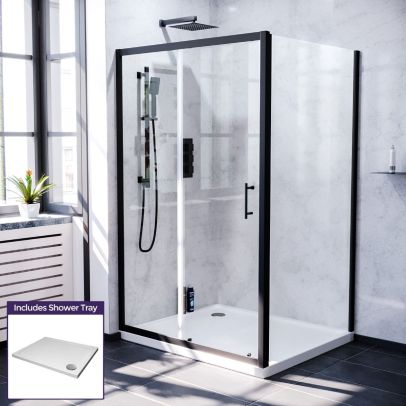 Keni 1200mm Shower Sliding Door, 700mm Frameless Glass Side Panel Screen & Tray Matte Black 