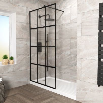 Stanley 1200mm Black Grid Framed Walk-In Shower Enclosure with Support Bar 
