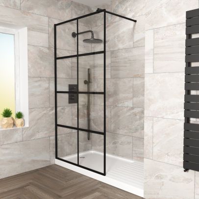 Stanley 700mm Black Grid Framed Walk-In Shower Enclosure with Support Bar 