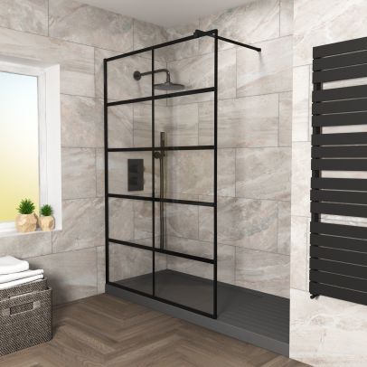 Stanley 900mm Black Grid Framed Walk-In Shower Enclosure with Support Bar 