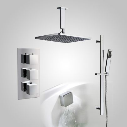Lilly 3 Dial 3 Way Square Concealed Thermostatic Mixer Valve, Slider Rail, Square Handset, Square Ceiling Shower Head, Bath Filler & Waste Chrome