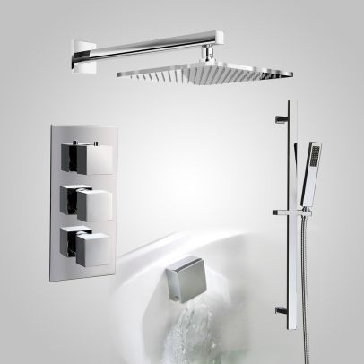 Lilly 3 Dial 3 Way Square Concealed Thermostatic Mixer Valve, Slider Rail, Square Handset, Bath Filler & Shower Head Chrome