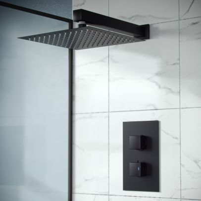 Rennes Concealed Thermostatic Overhead 200mm Square Rainfall Shower Mixer Set Matte Black