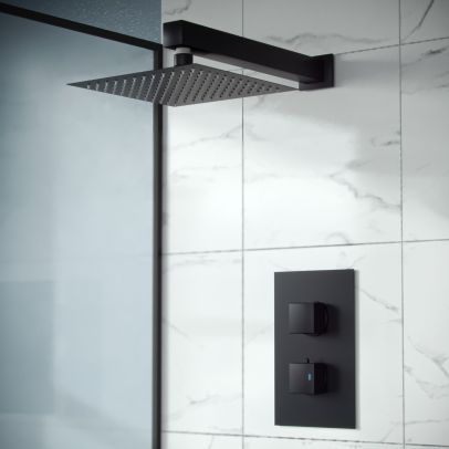 Rennes Concealed Thermostatic Overhead 250mm Square Rainfall Shower Mixer Set Matte Black