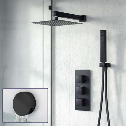 Temel 3-Way Thermostatic Mixer Valve and 200 mm Square Shower Head, Handheld and Bath Filler Waste Matte Black Set