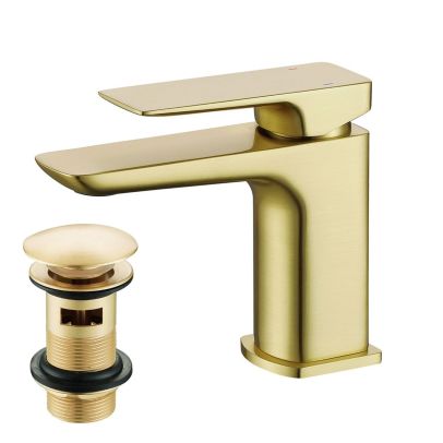 Modern Cloakroom Brushed Brass Square Basin Mono Mixer Tap + Waste