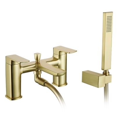 Modern Brushed Brass Designer Square Bath Shower Mixer Tap with Handheld Kit