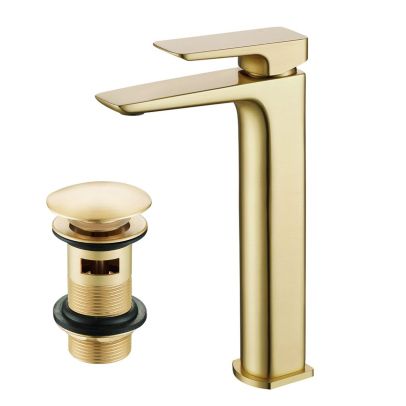 Modern Countertop Brushed Brass Tall Square Basin Mono Mixer Tap + Waste