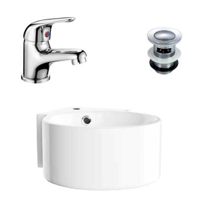 Corner Wall Hung Bathroom 300 x 435mm Cloakroom Ceramic Basin, Banox Single Lever Basin Sink Mono Mixer Tap & Basin Waste