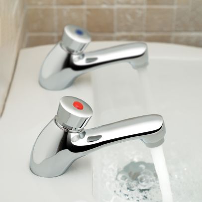 Omni Chrome Hot And Cold Twin Brass Modern Bathroom Non Concussive Basin Taps