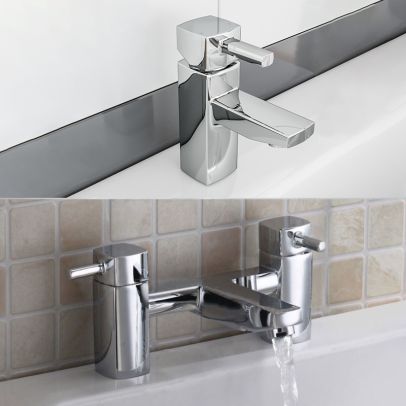 Newport Square Basin Sink Mono Mixer Tap & Bath Filler Tap Chrome 