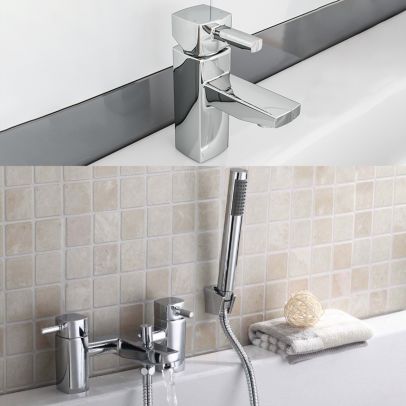 Newport Square Basin Sink Mono Mixer Tap & Bath Shower Mixer Tap Chrome 