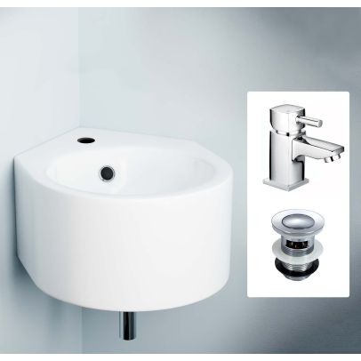 Corner Wall Hung Bathroom 300 x 435mm Cloakroom Ceramic Basin, Kia Cloakroom Basin Mono Mixer Tap & Basin Waste
