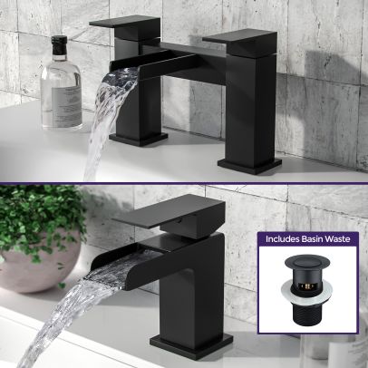 Ozone Contemporary Set Of Waterfall Basin Mono Mixer Tap And Bath Filler Tap & Waste In Matte Black