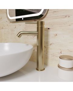 Modern Countertop Brushed Brass Tall Round Single Lever Basin Mono Mixer Tap